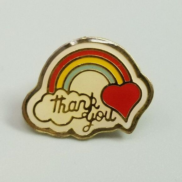 Vintage Thank You Rainbow Heart Enamel Lapel Pin, Retro 80s Style Brooch - Picture 1 of 6